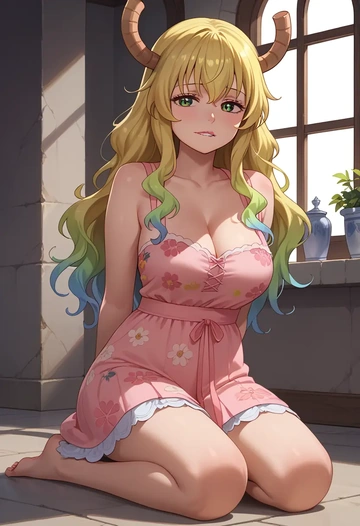 kobayashi-san_chi_no_maidragon,lucoa_(maidragon),silk slip dress,floral prints  - AI generated anime art