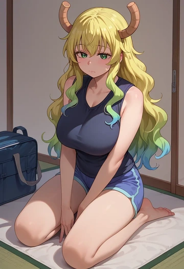 kobayashi-san_chi_no_maidragon,lucoa_(maidragon),sports vest,capri leggings  - AI generated anime art