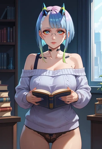 cyberpunk_(series),lucy_(cyberpunk),sweater,panties,off-shoulder,glasses,sexy  - AI generated anime art