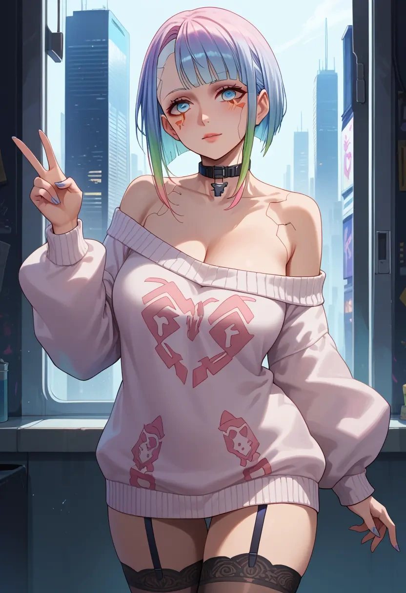 cyberpunk_(series),lucy_(cyberpunk),blushing,collar,off-shoulder,sweater,stockings  - 