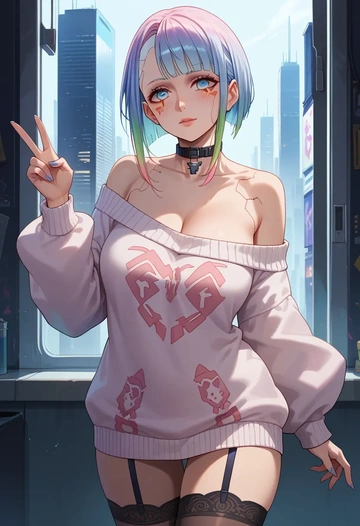 cyberpunk_(series),lucy_(cyberpunk),blushing,collar,off-shoulder,sweater,stockings  - AI generated anime art