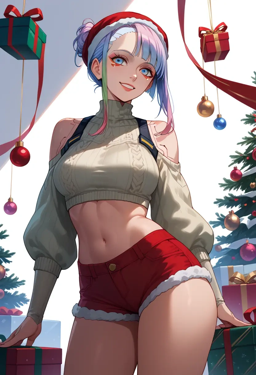 cyberpunk_(series),lucy_(cyberpunk),Christmas,red velvet shorts,turtleneck sweater  - 