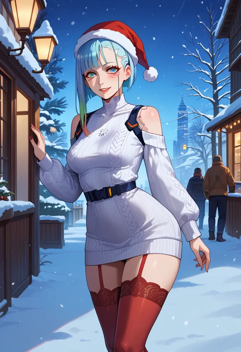 cyberpunk_(series),lucy_(cyberpunk),Christmas,sweater dress,stockings  - 