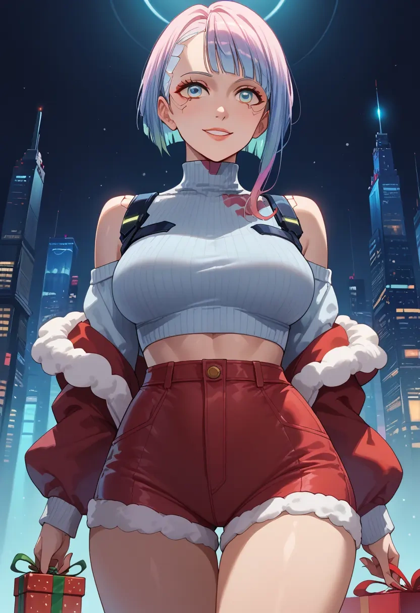 cyberpunk_(series),lucy_(cyberpunk),Christmas,red velvet shorts,turtleneck sweater  - 