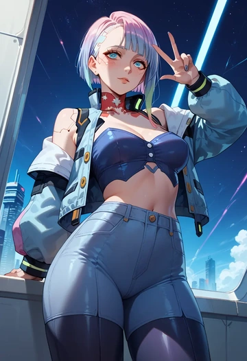 cyberpunk_(series),lucy_(cyberpunk),denim jacket,cropped,leather leggings  - AI generated anime art