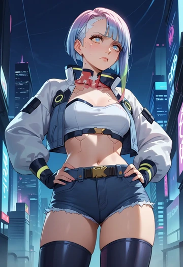 cyberpunk_(series),lucy_(cyberpunk),denim jacket,cropped,leather leggings  - AI generated anime art