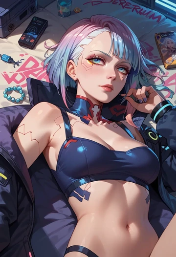 cyberpunk_(series),lucy_(cyberpunk),patchwork graffiti top,dolphin shorts  - AI generated anime art