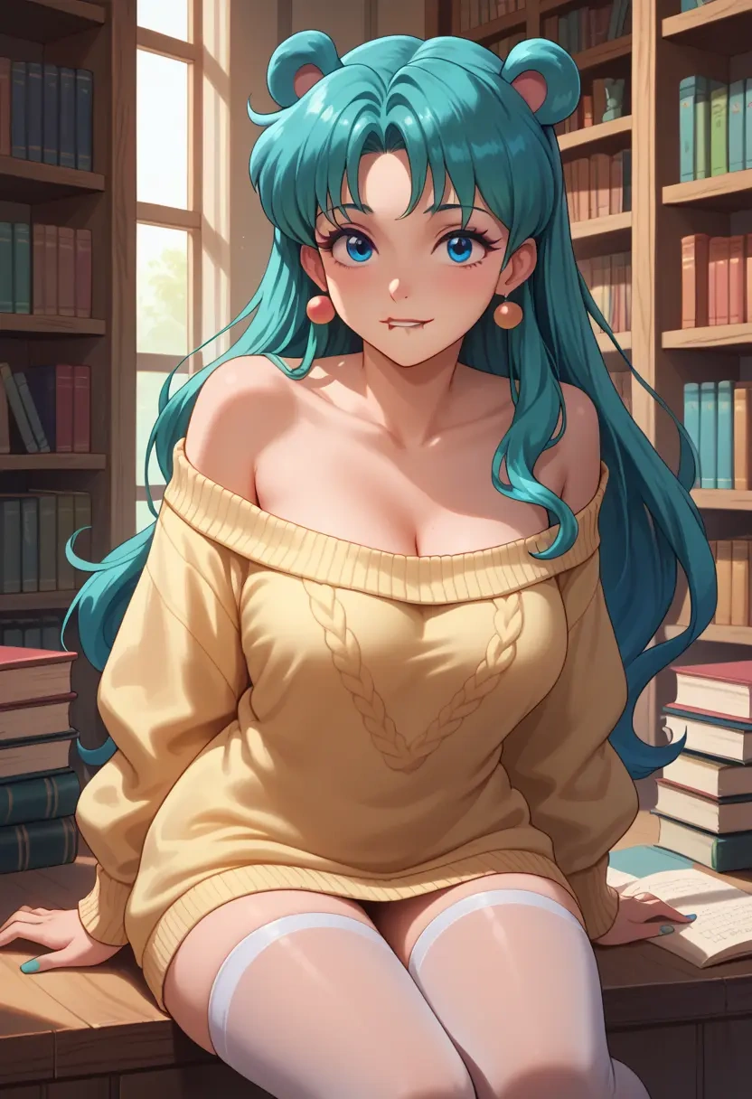 urusei_yatsura,lum,Biting lip,off-shoulder,sweater,stockings  - 