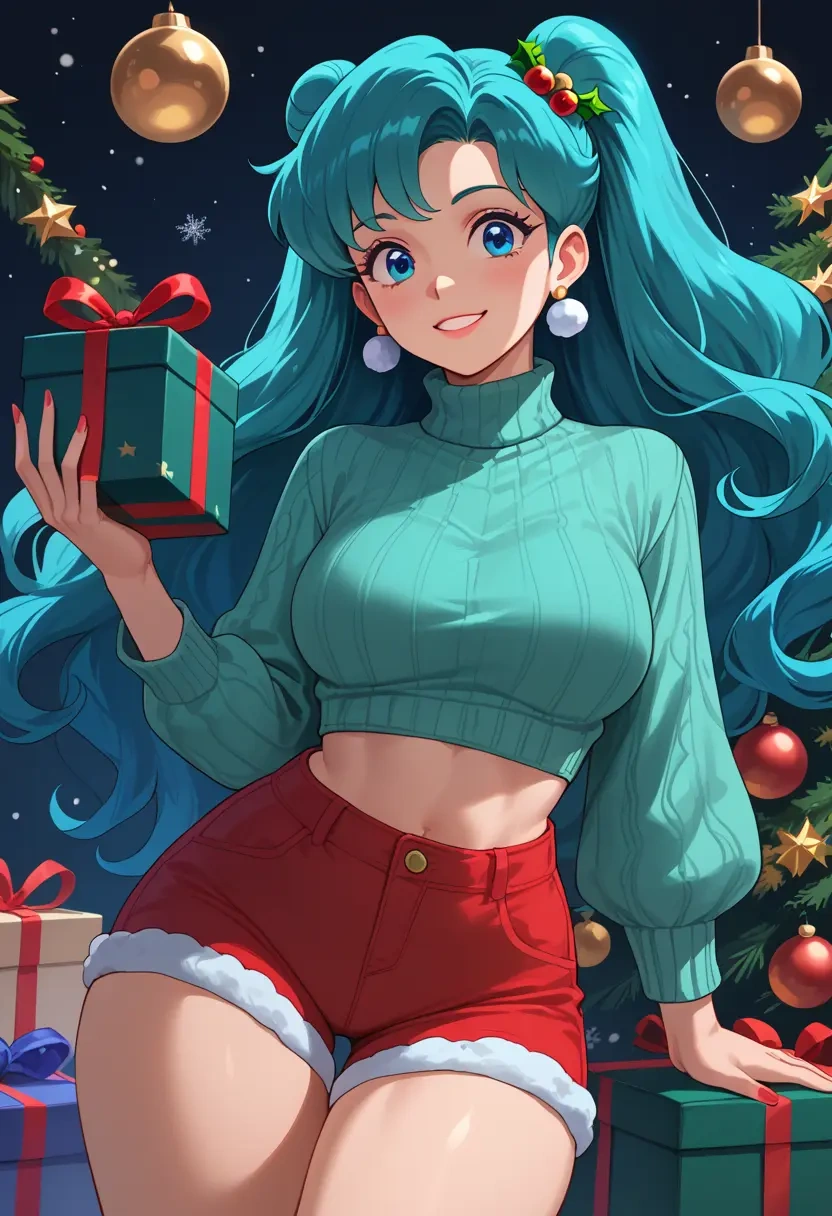 urusei_yatsura,lum,Christmas,red velvet shorts,turtleneck sweater  - 