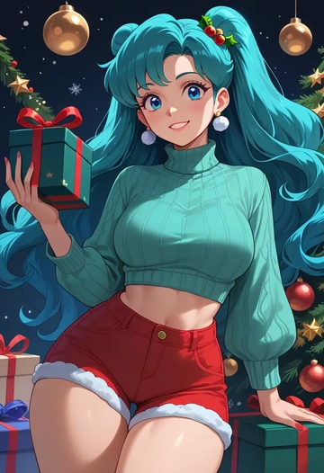 urusei_yatsura,lum,Christmas,red velvet shorts,turtleneck sweater  - AI generated anime art