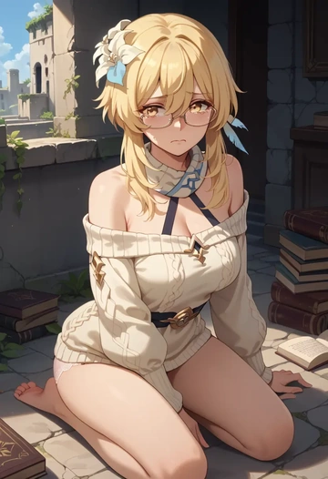 genshin impact,lumine_(genshin_impact),sweater,panties,off-shoulder,glasses,sexy  - AI generated anime art