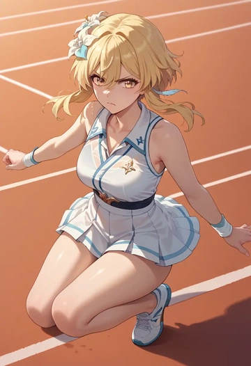 genshin impact,lumine_(genshin_impact),tennis skirt  - AI generated anime art