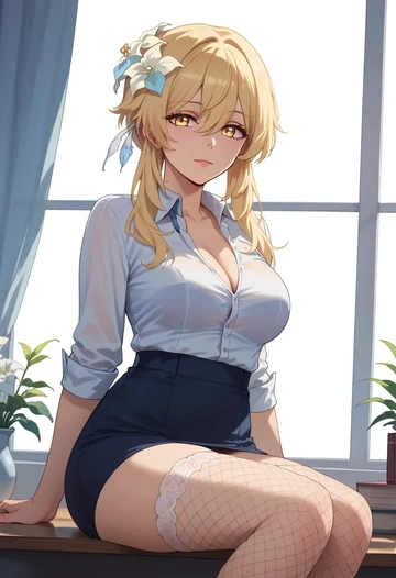 genshin impact,lumine_(genshin_impact),secretary,panties  - AI generated anime art