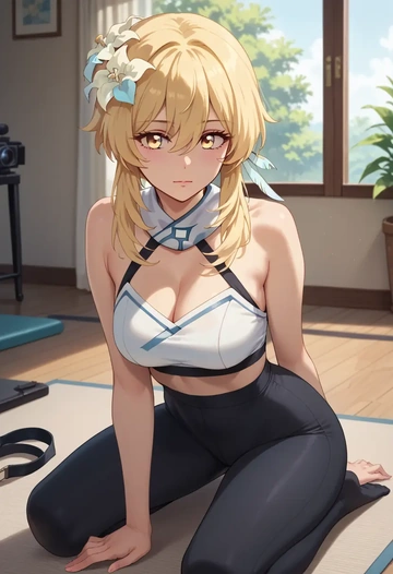 genshin impact,lumine_(genshin_impact),leggings,yoga  - AI generated anime art