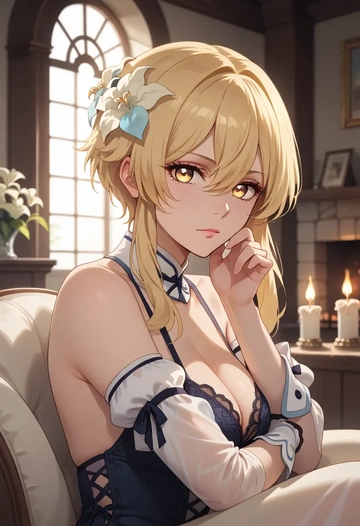 genshin impact,lumine_(genshin_impact),lingerie  - AI generated anime art