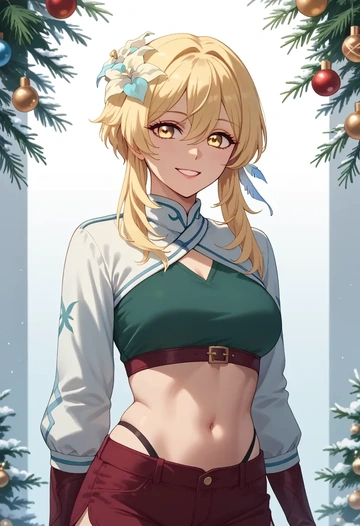 genshin impact,lumine_(genshin_impact),Christmas,red velvet shorts  - AI generated anime art