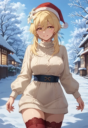 genshin impact,lumine_(genshin_impact),Christmas,sweater dress,stockings  - AI generated anime art