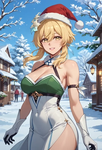 genshin impact,lumine_(genshin_impact),Christmas,dress  - AI generated anime art