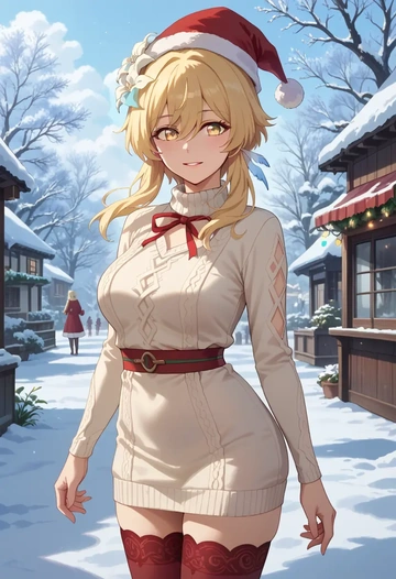 genshin impact,lumine_(genshin_impact),Christmas,sweater dress,stockings  - AI generated anime art