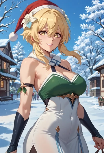 genshin impact,lumine_(genshin_impact),Christmas,dress  - AI generated anime art