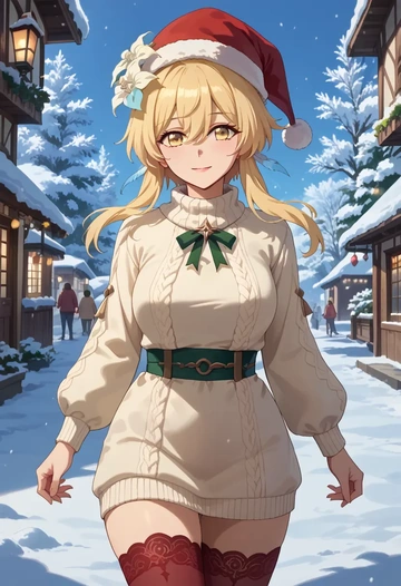 genshin impact,lumine_(genshin_impact),Christmas,sweater dress,stockings  - AI generated anime art