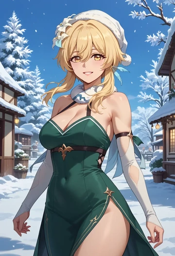 genshin impact,lumine_(genshin_impact),Christmas,dress  - AI generated anime art