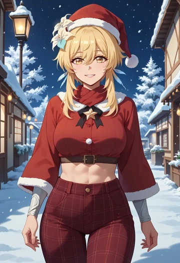 genshin impact,lumine_(genshin_impact),Christmas,plaid trousers  - AI generated anime art