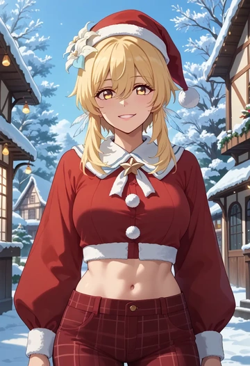 genshin impact,lumine_(genshin_impact),Christmas,plaid trousers  - AI generated anime art