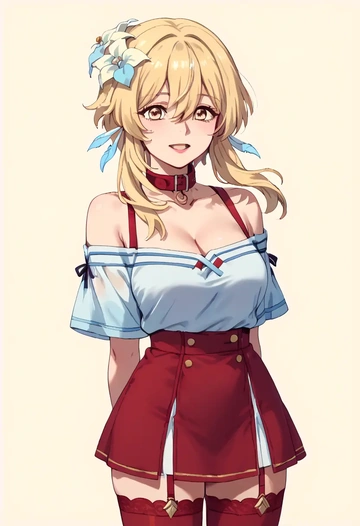 genshin impact,lumine_(genshin_impact),collar,oversized,Thigh garters  - AI generated anime art