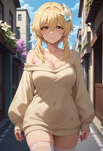 genshin impact,lumine_(genshin_impact),off-shoulder,sweater  - AI generated anime art