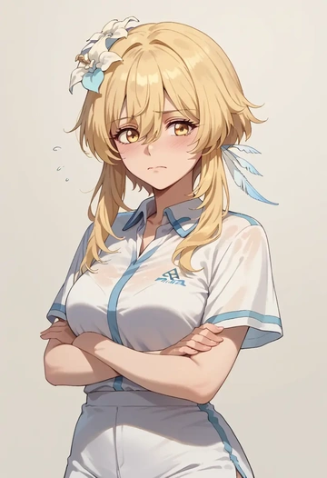 genshin impact,lumine_(genshin_impact),tennis polo,skort  - AI generated anime art