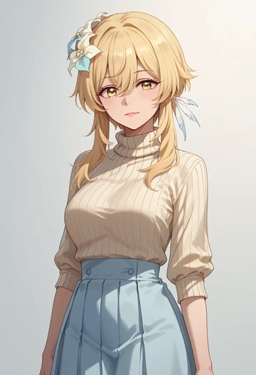 genshin impact,lumine_(genshin_impact),skirt,pleated,turtleneck sweater  - AI generated anime art