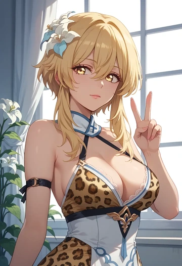 genshin impact,lumine_(genshin_impact),leopard print,silk slip dress  - AI generated anime art