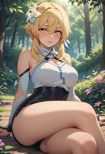 genshin impact,lumine_(genshin_impact),leather,shorts  - AI generated anime art