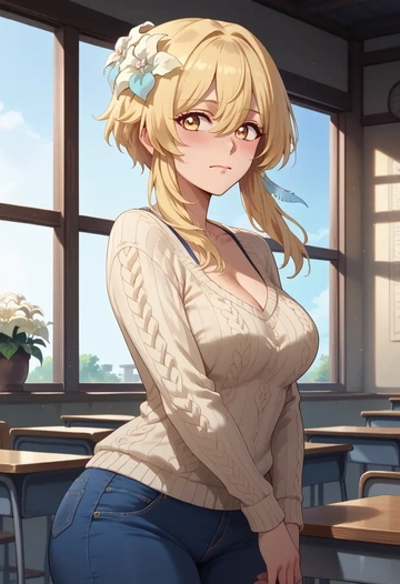 genshin impact,lumine_(genshin_impact),teacher, sweater, jeans shorts  - AI generated anime art