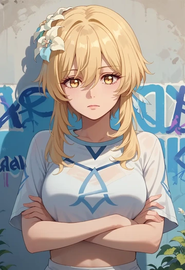 genshin impact,lumine_(genshin_impact),cropped graffiti sweatshirt,dolphin shorts  - AI generated anime art