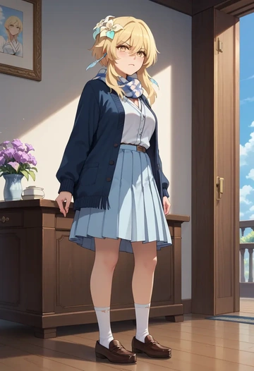 genshin impact,lumine_(genshin_impact),spring,student uniform,cardigan  - AI generated anime art