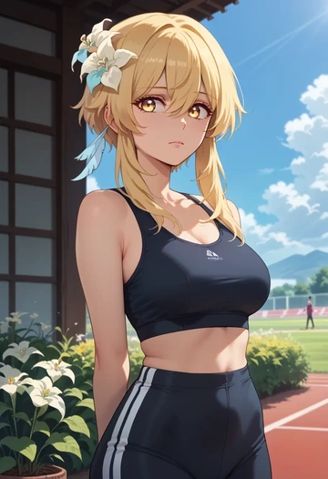 genshin impact,lumine_(genshin_impact),athletic,track suit  - AI generated anime art