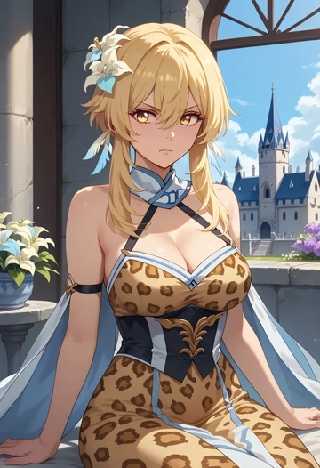 genshin impact,lumine_(genshin_impact),leopard print,silk slip dress  - AI generated anime art