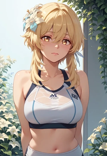 genshin impact,lumine_(genshin_impact),tankini top,board shorts  - AI generated anime art