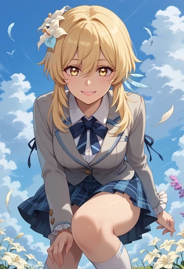 genshin impact,lumine_(genshin_impact),spring,student uniform,blazer  - AI generated anime art