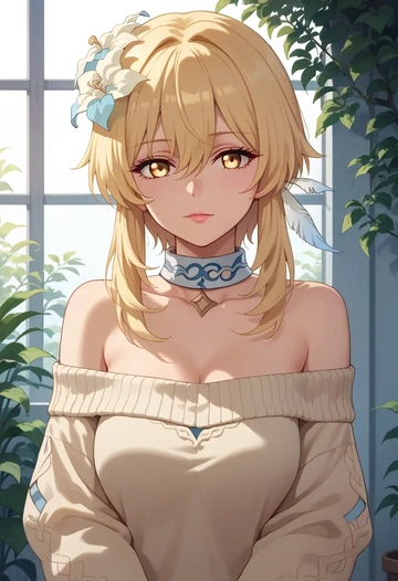 genshin impact,lumine_(genshin_impact),sweater,off-shoulder,collar  - AI generated anime art