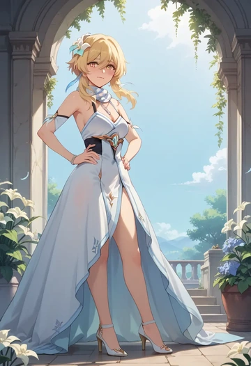 genshin impact,lumine_(genshin_impact),spring,elegant woman,wrap dress  - AI generated anime art