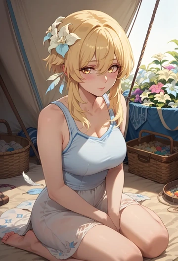 genshin impact,lumine_(genshin_impact),tank top,mesh,cycling shorts  - AI generated anime art