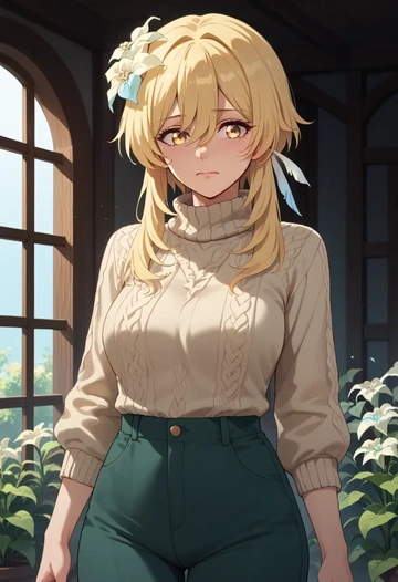 genshin impact,lumine_(genshin_impact),sweater  - AI generated anime art