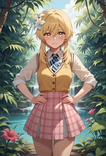 genshin impact,lumine_(genshin_impact),spring,student uniform,vest  - AI generated anime art