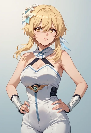 genshin impact,lumine_(genshin_impact),jumpsuit,sleeveless,flare pants  - AI generated anime art