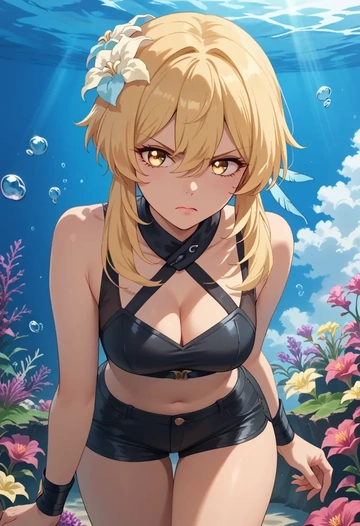 genshin impact,lumine_(genshin_impact),leather,shorts,crop top  - AI generated anime art