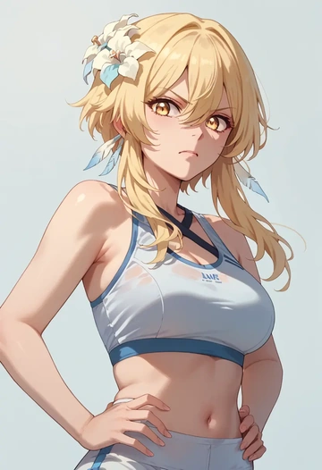 genshin impact,lumine_(genshin_impact),sports bra,high-waisted leggings  - AI generated anime art