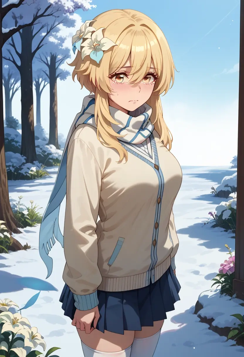 genshin impact,lumine_(genshin_impact),winter,student uniform,puffer jacket  - 